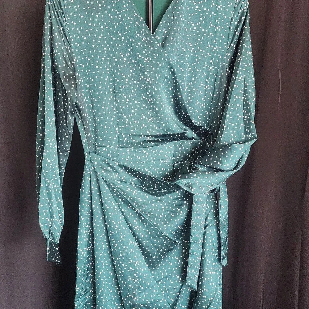 Veiled Collection Emerald Polka Dot Satin Wrap Maxi Dress Ruffle Modest Size XS